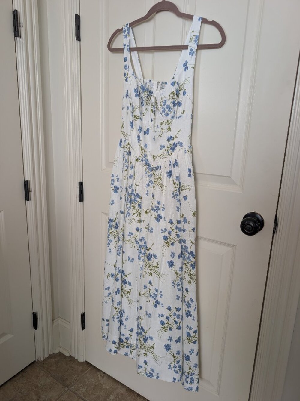 Reformation White Floral Sundress with Blue and Olive Print - Picture 3 of 9